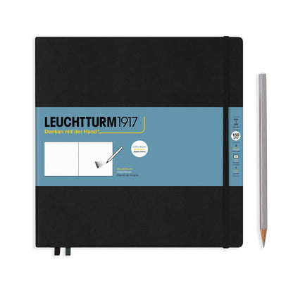 Black notebook with blue label featuring 'Leuchtturm1917' on a white background