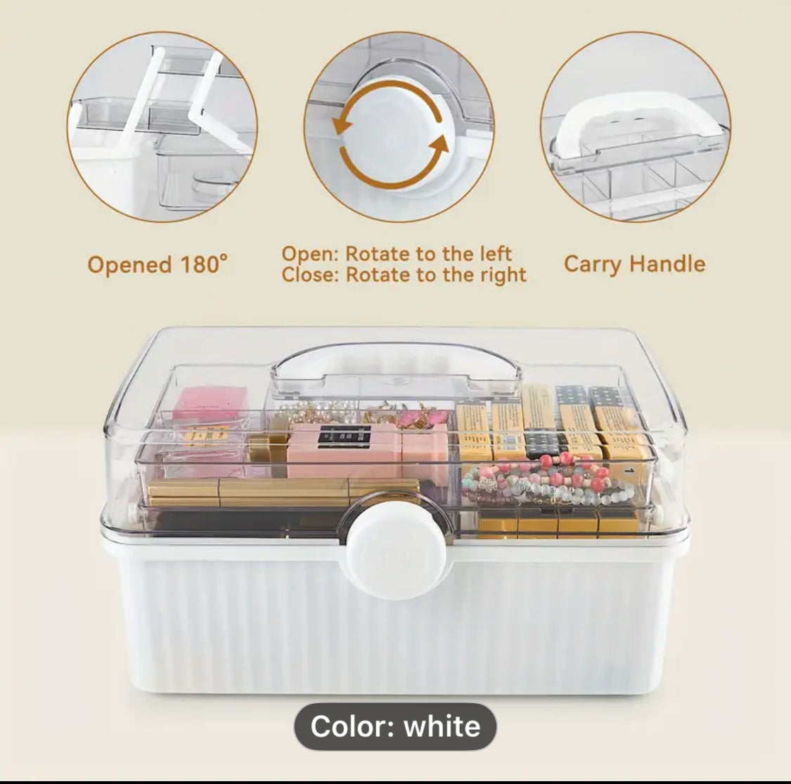 White storage box with clear lid showing organized compartments, featuring a handle and rotation instructions.
