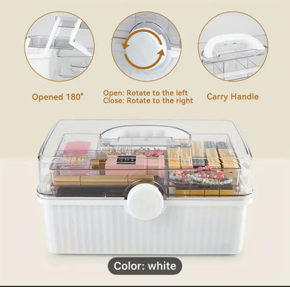White storage box with clear lid showing organized compartments, featuring a handle and rotation instructions.