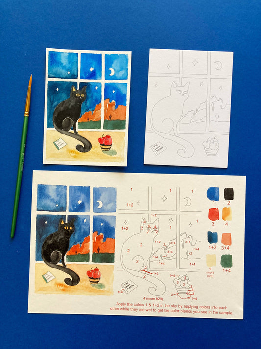 Black Cat Night Winter Watercolor Paint by Number DIY Kit