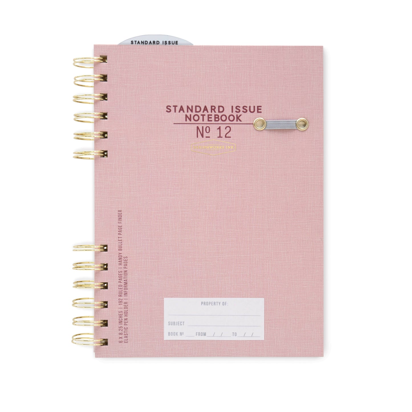 Pink notebook with gold spiral binding on a white background