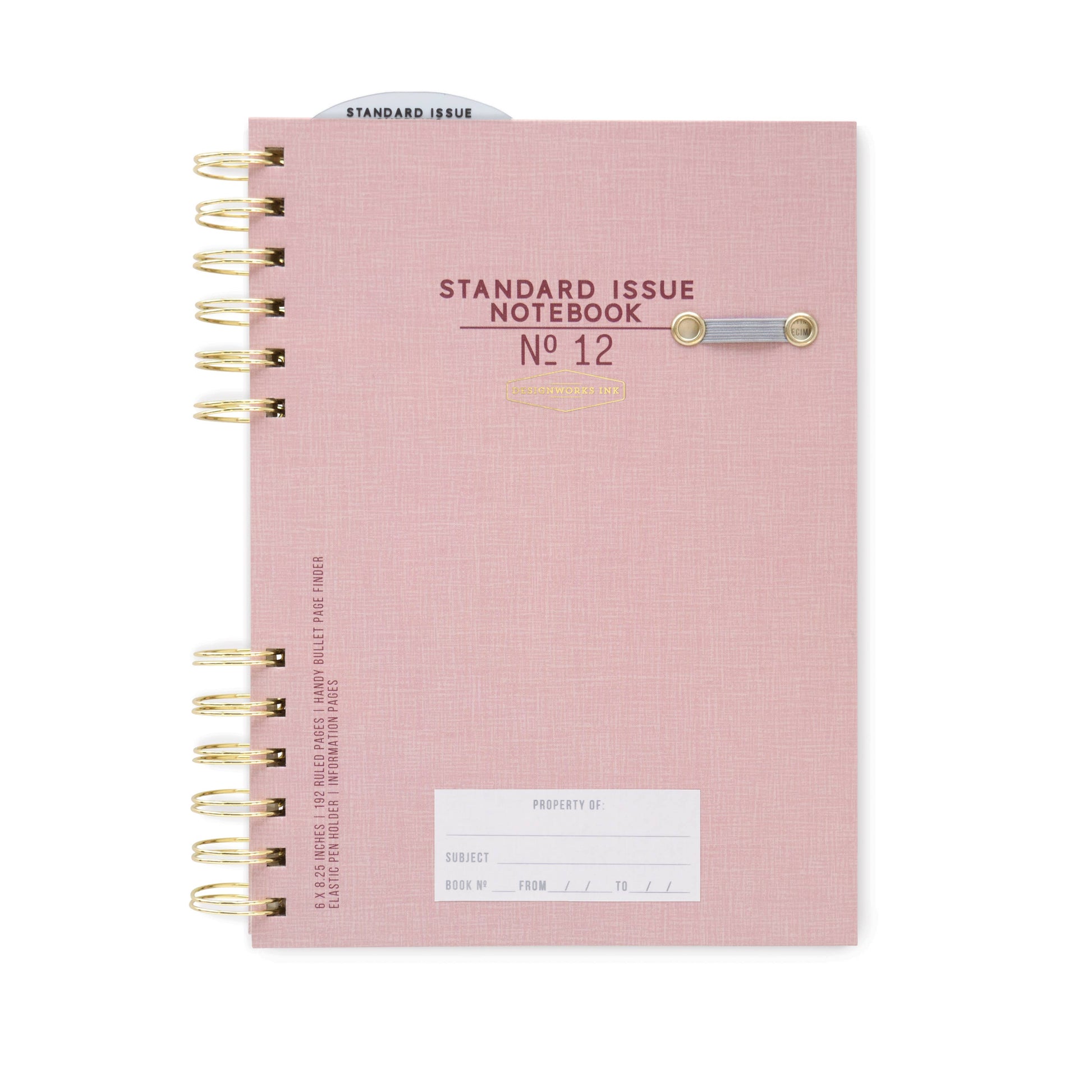 Pink notebook with gold spiral binding on a white background