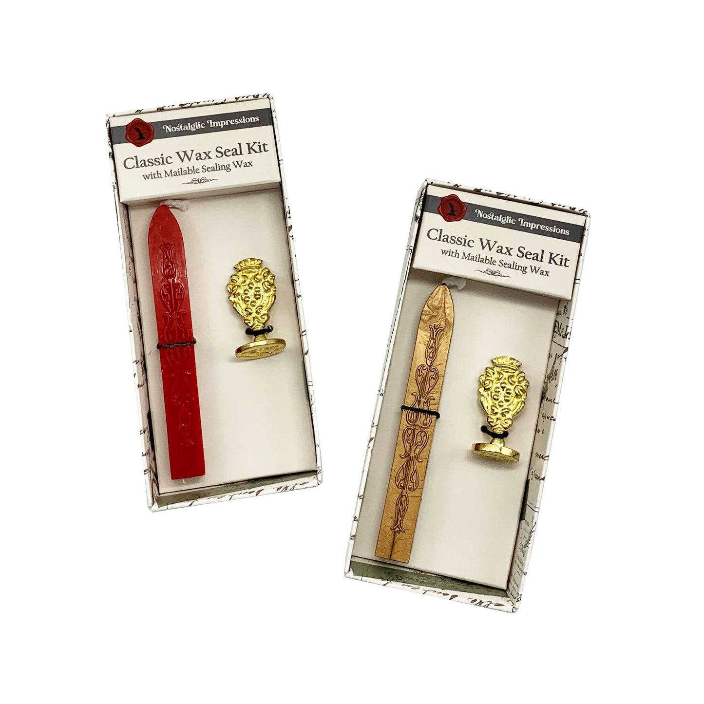 Two classic wax seal kits with red and gold seals in packaging on a white background