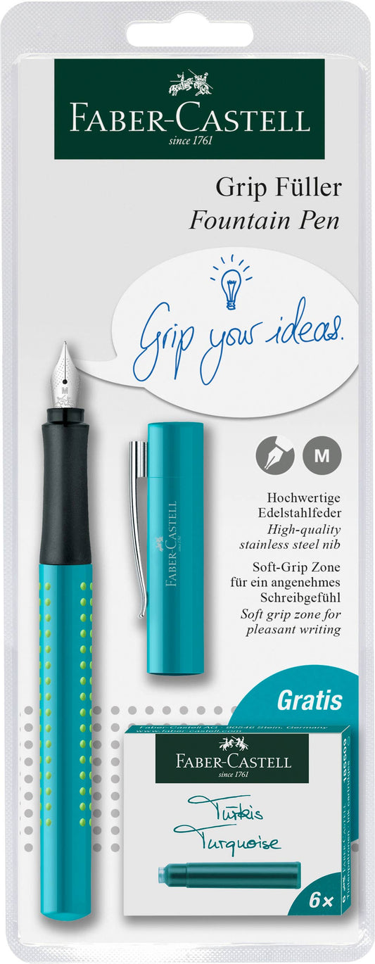 Faber-Castell fountain pen set with blue pen and accessories on a white background