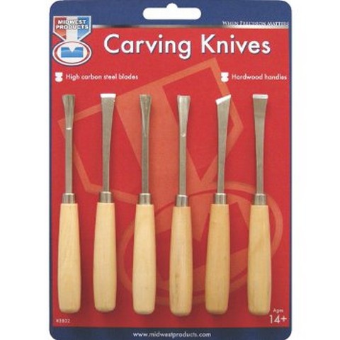 Packaging of six carving knives with wooden handles on a red background