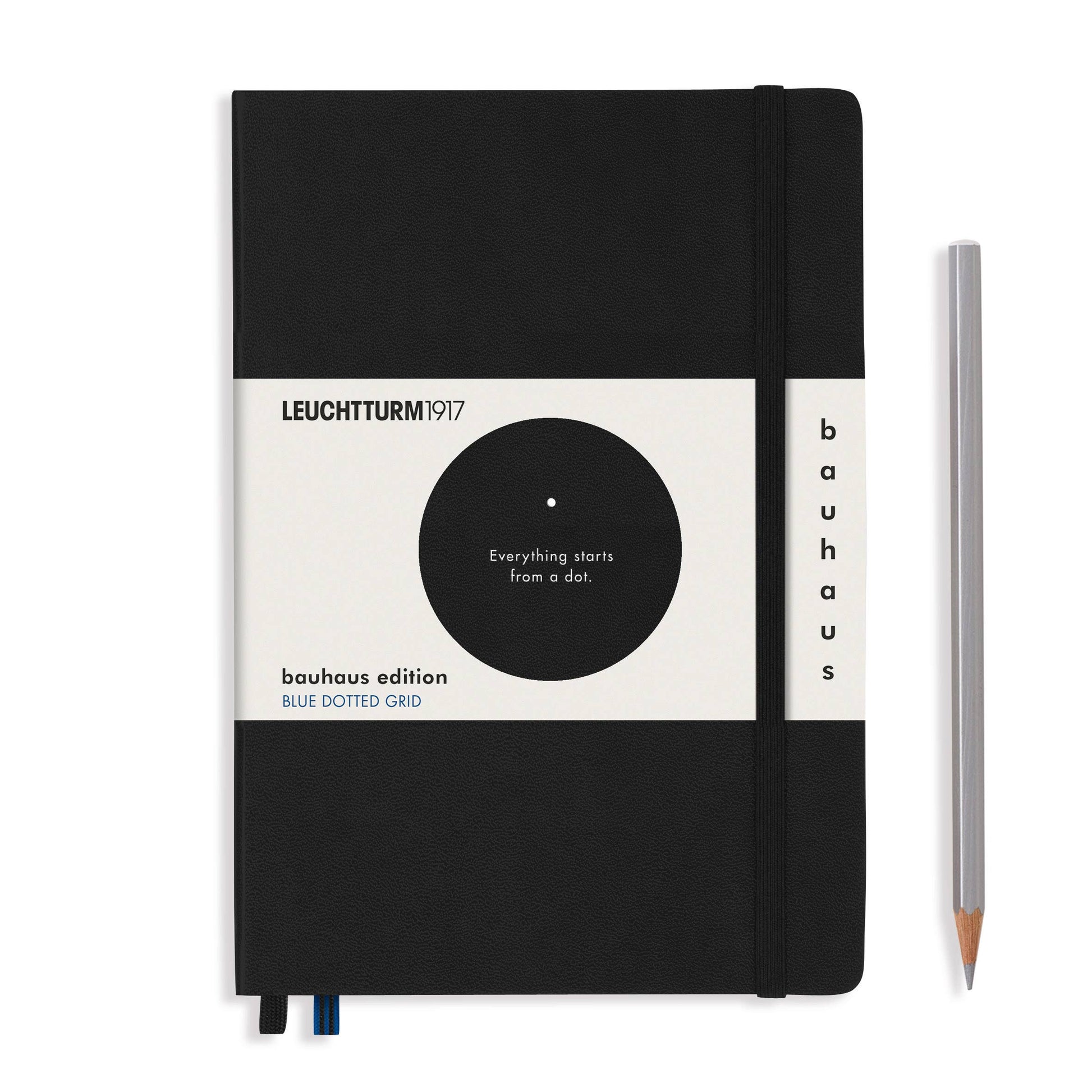 Black notebook with white label featuring Leuchtturm1917 branding and a pencil on a white background