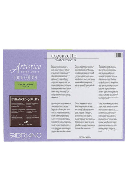 Packaging of Fabriano Artistic Extra White watercolor paper with text and branding.