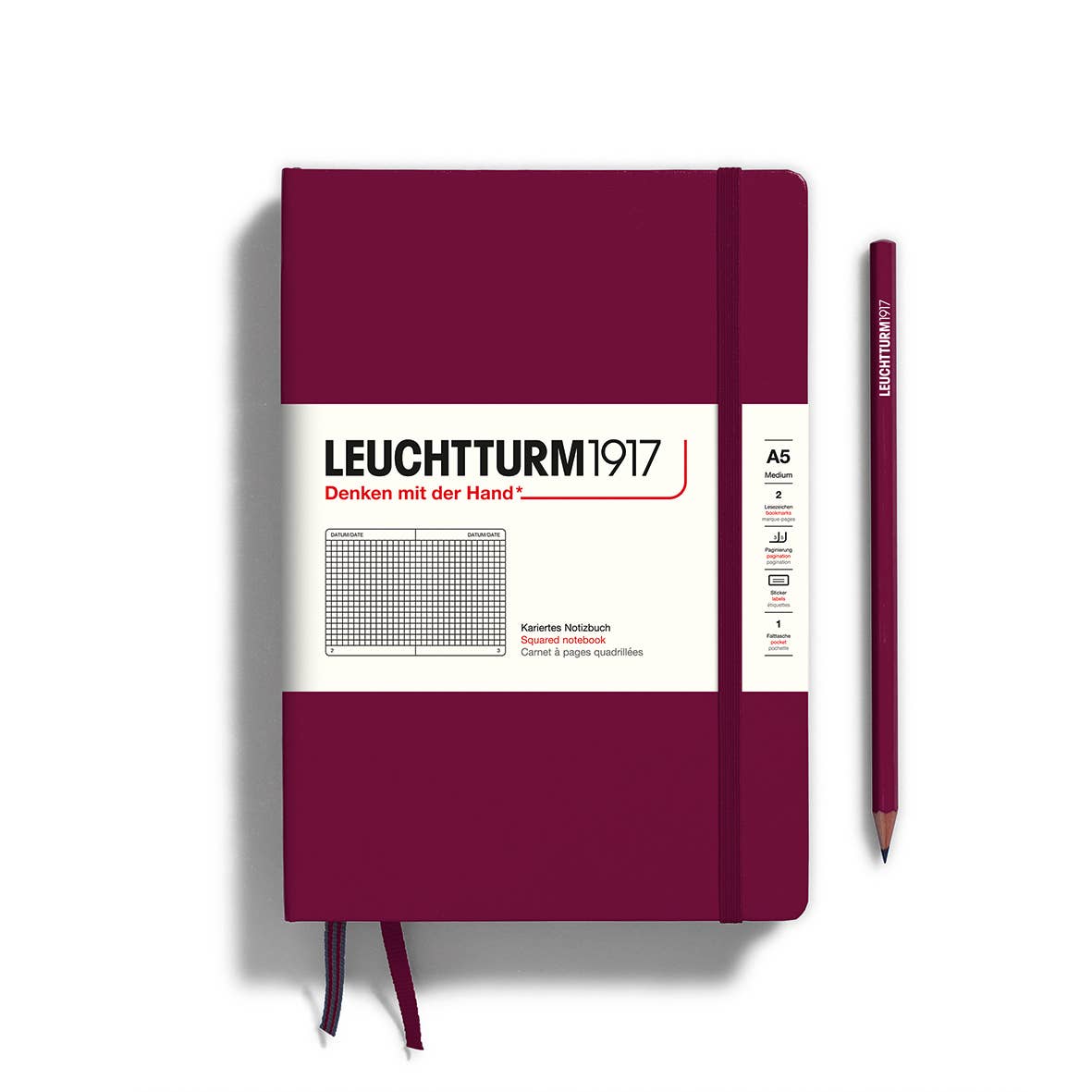 Maroon notebook with white label featuring 'Leuchtturm1917' branding on a white background