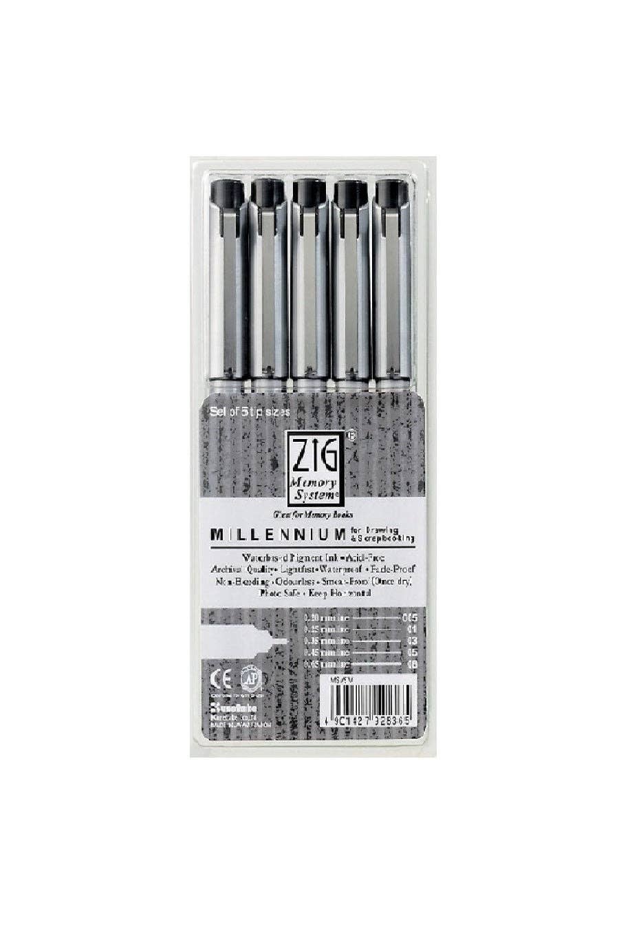 Pack of ZIG Millennium pens in packaging on a white background