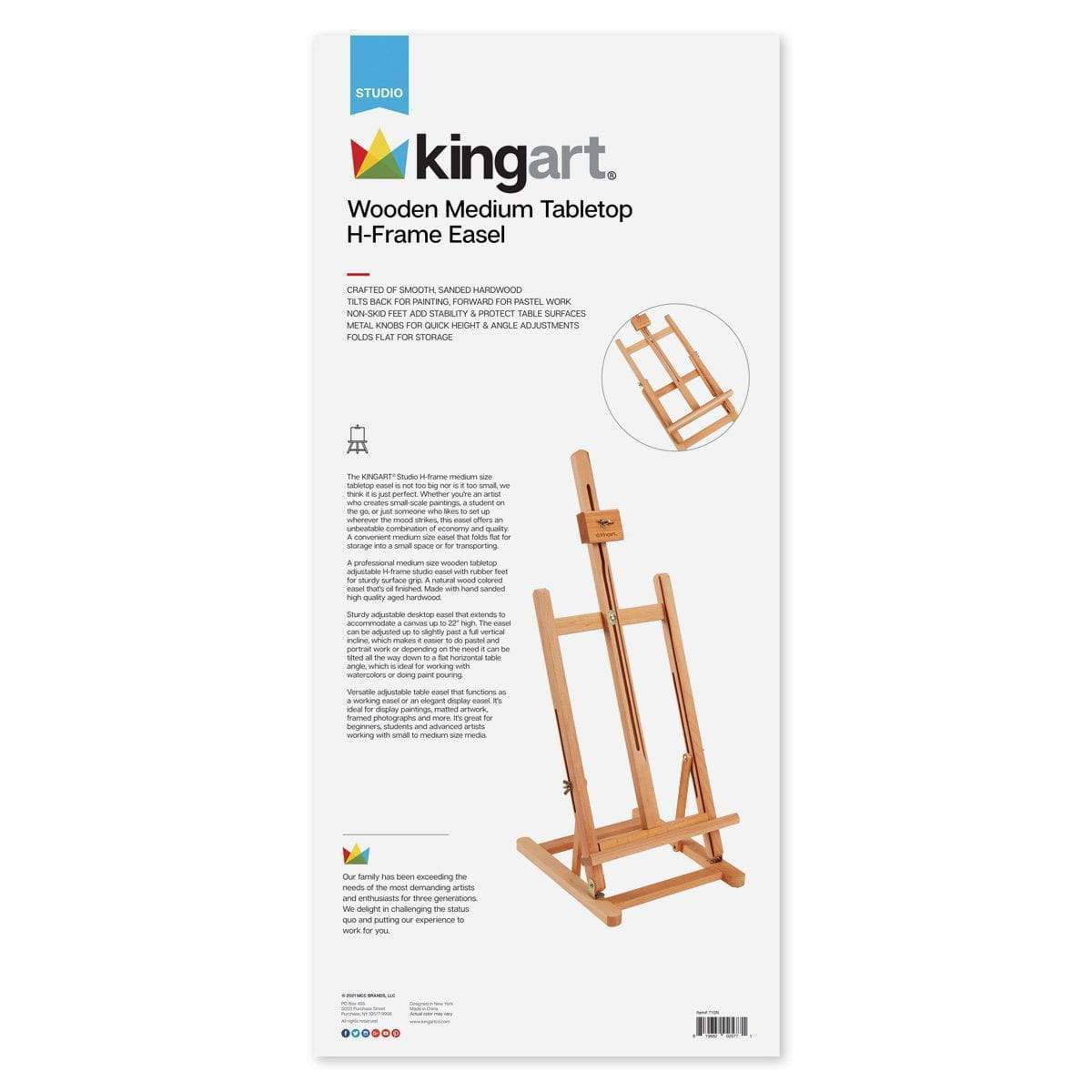 Kingart wooden tabletop H-frame easel packaging on a white background