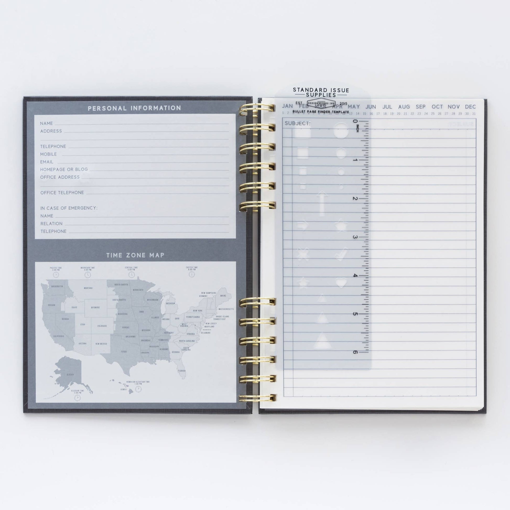 Open planner with time zone map and daily schedule on a white background
