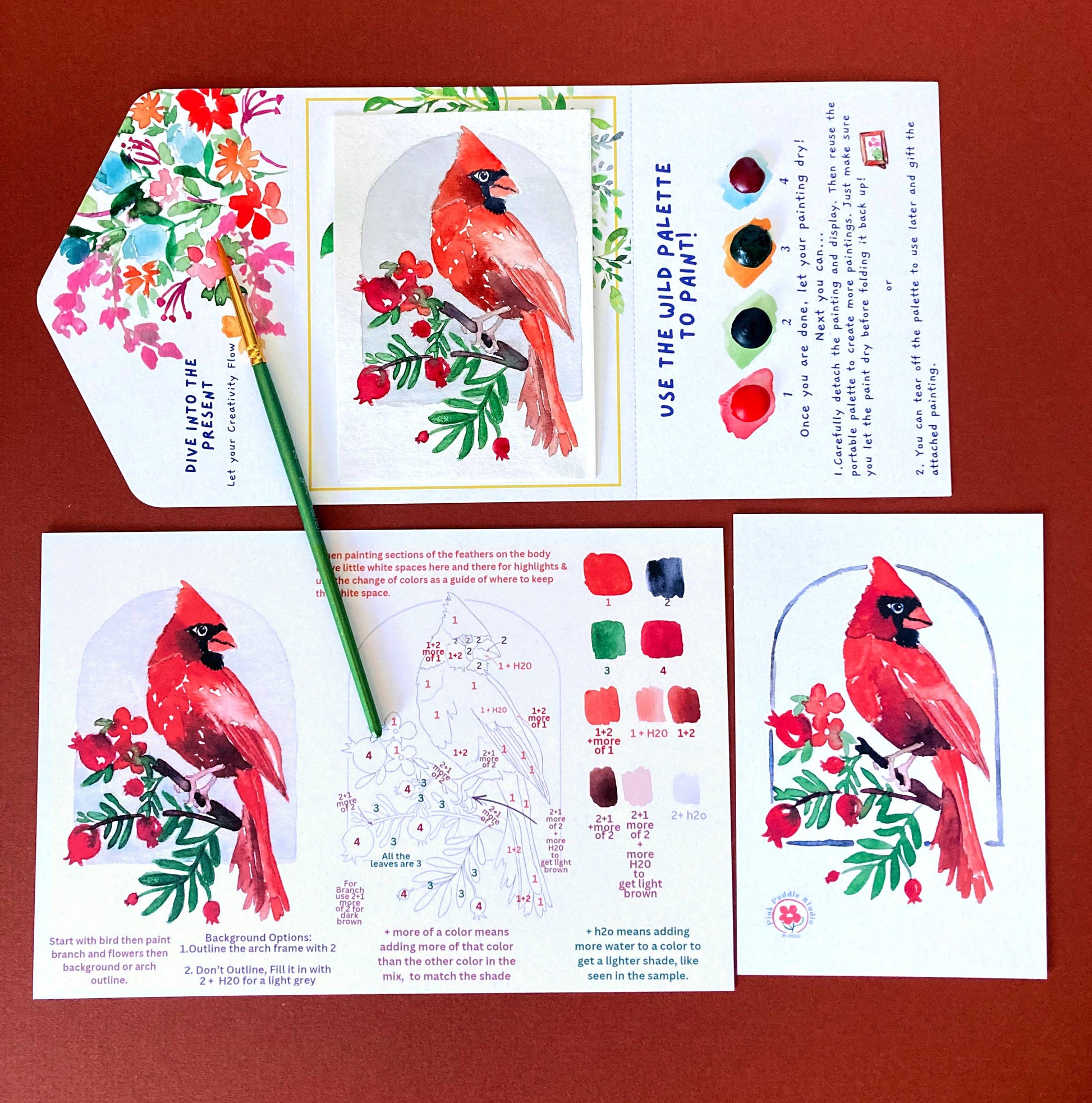 Educational art kit with cardinal illustrations and color mixing guide on a red background