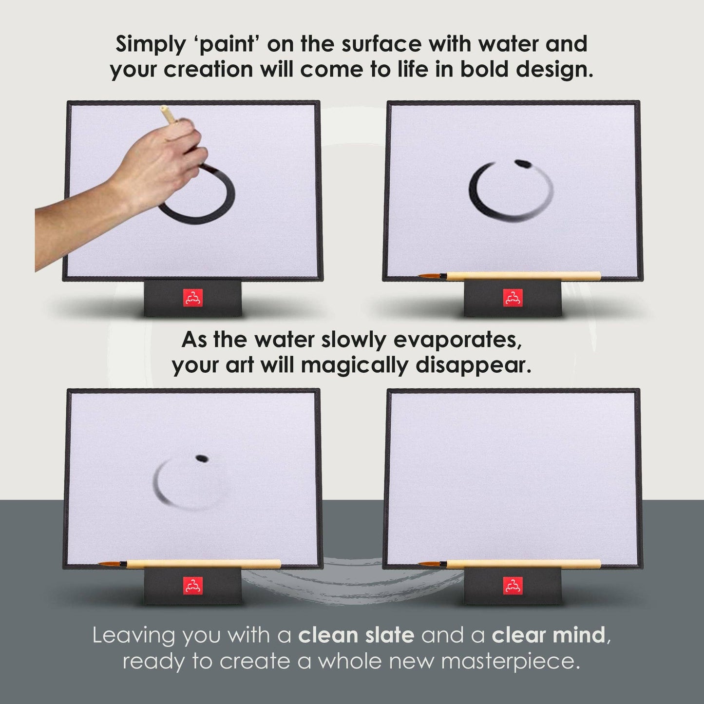 Product demonstration of a whiteboard with water painting and evaporation process.