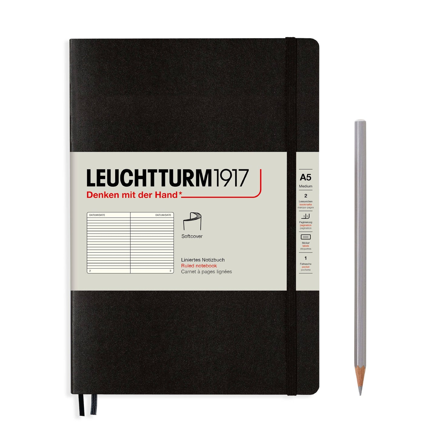 Black notebook with Leuchtturm1917 branding on a white background