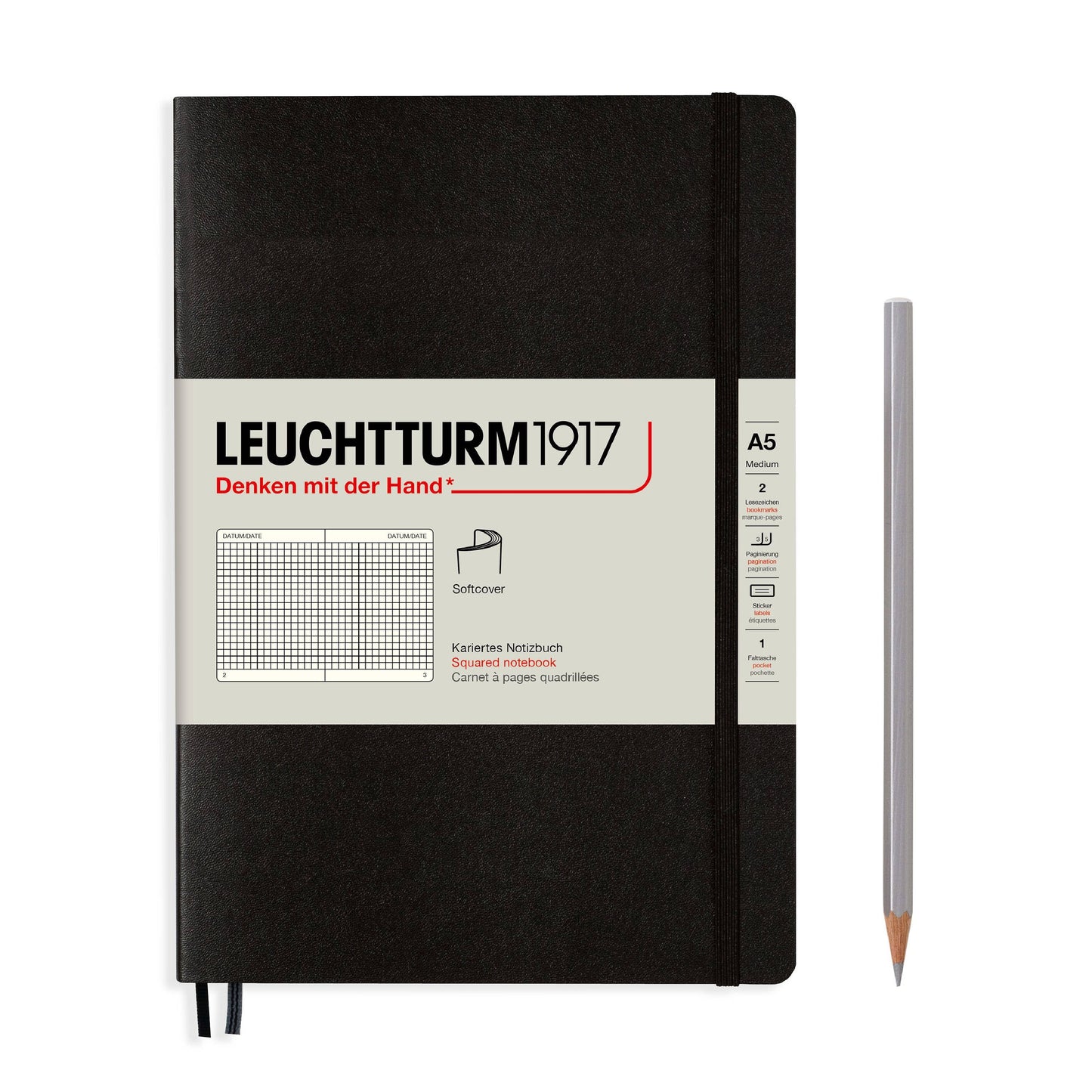Black notebook with Leuchtturm1917 branding and a pencil on a white background