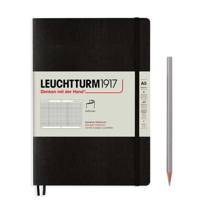 Black notebook with Leuchtturm1917 branding and a pencil on a white background