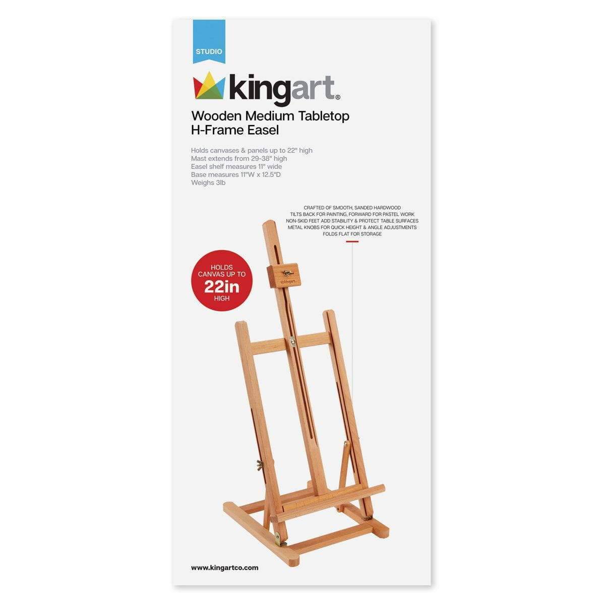 Kingart wooden tabletop H-frame easel packaging on a white background