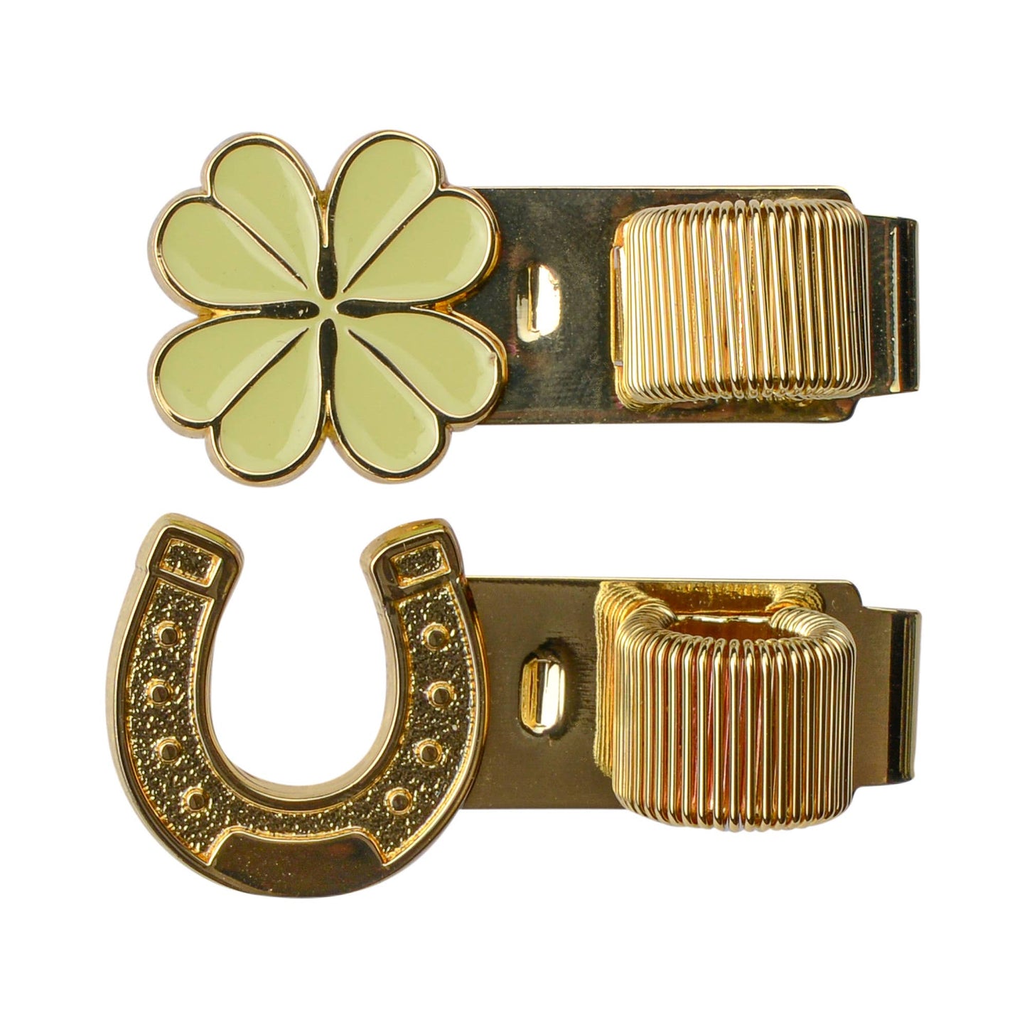 Gold four-leaf clover and horseshoe clip on a white background