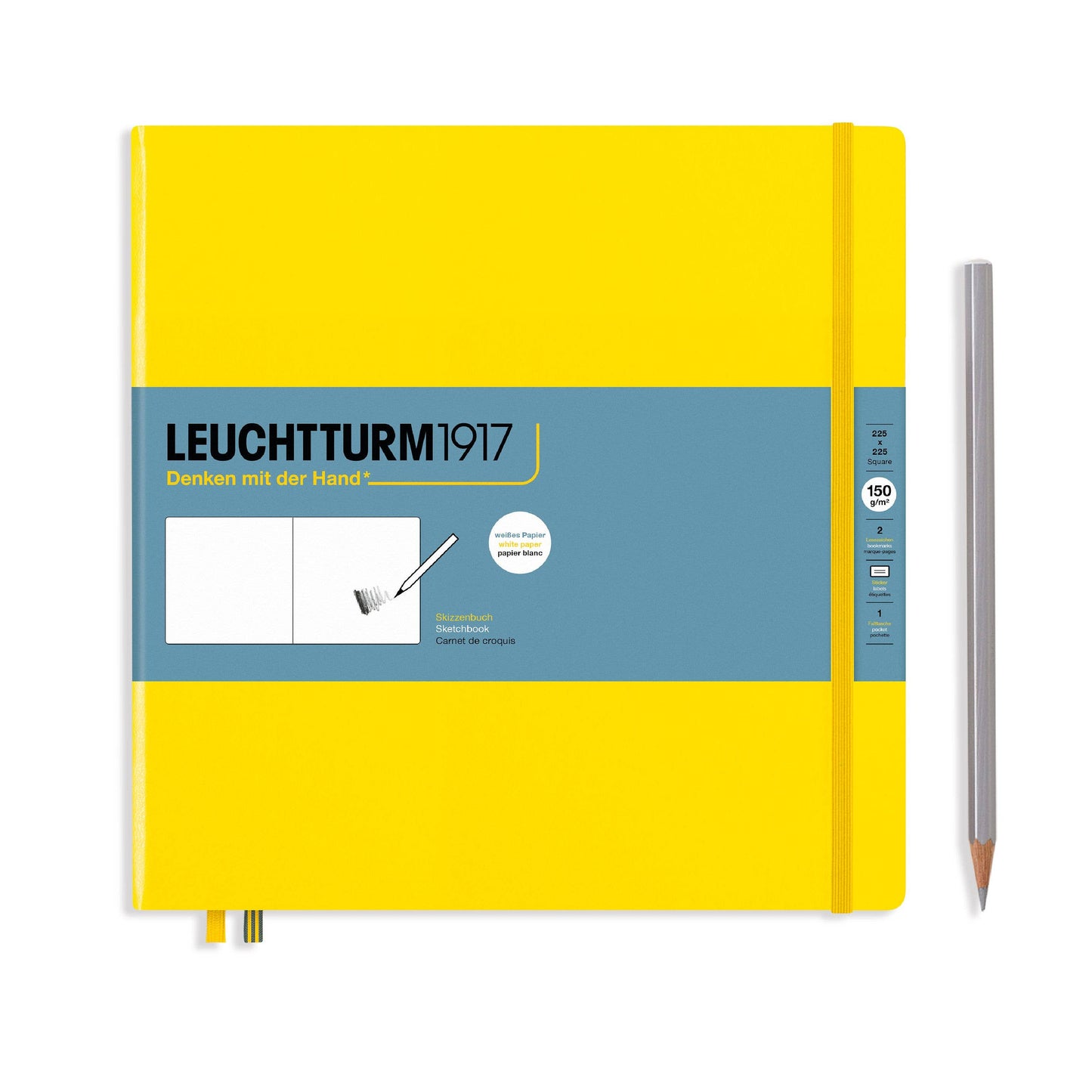 Yellow notebook with blue label and a pencil on a white background