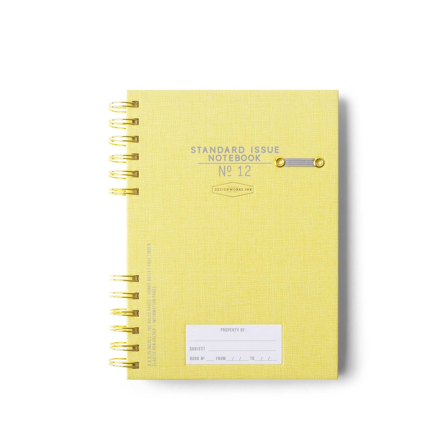 Yellow notebook with gold spiral binding on a white background