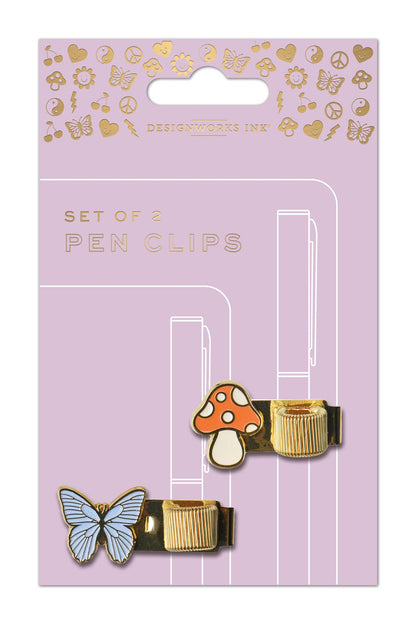 Set of 2 pen clips with butterfly and mushroom design on packaging