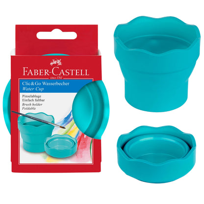 Collapsible Turquoise water cup and packaging on a white background