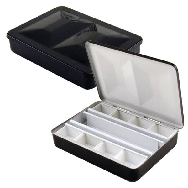 Black jewelry box with open lid showing compartments on a white background