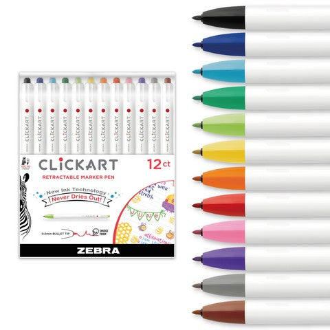 Clickart Retractable Felt Tip Marker, 0.6 mm, 12 Pack