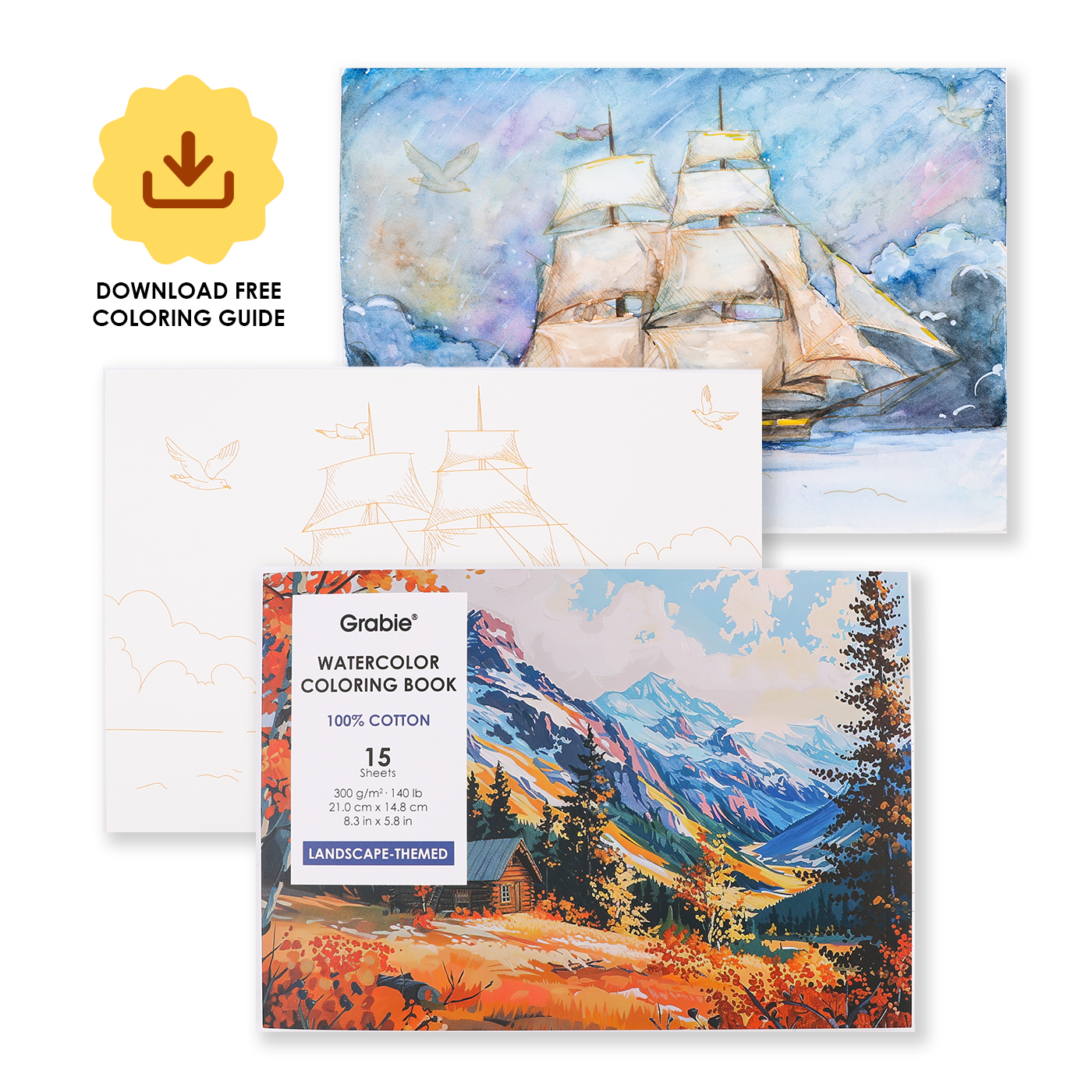 Two coloring books with ship and mountain scenes, featuring a download icon for a free coloring guide.