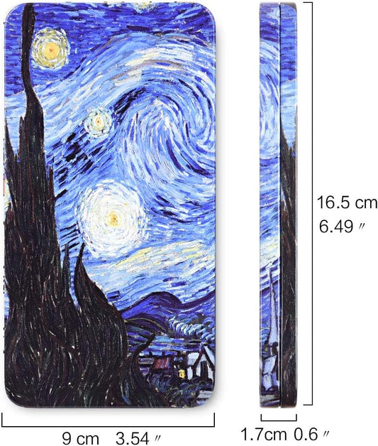 Phone case with 'Starry Night' design and dimensions displayed