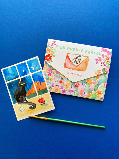 Black Cat Night Winter Watercolor Paint by Number DIY Kit