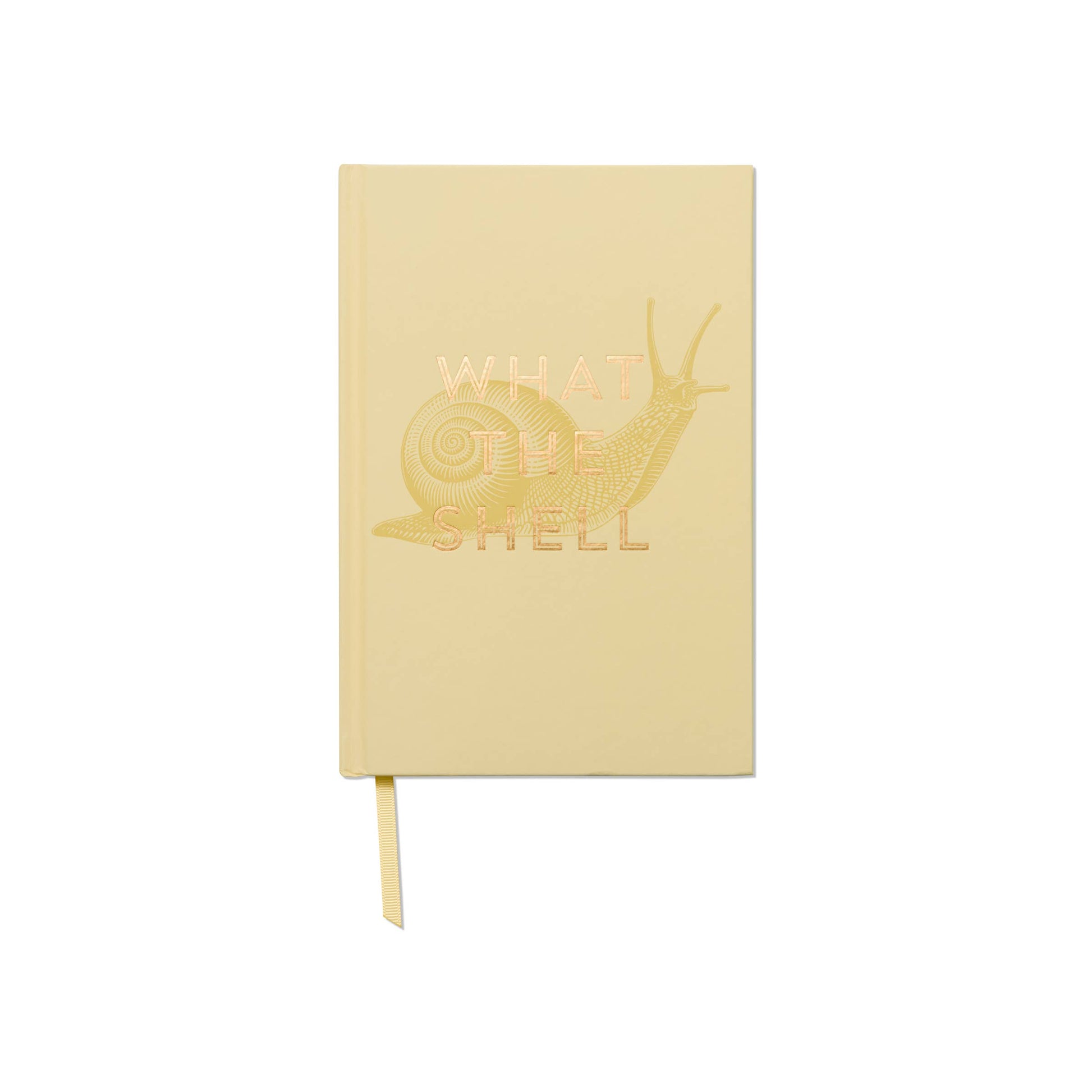 Beige notebook with a snail design and text on a white background