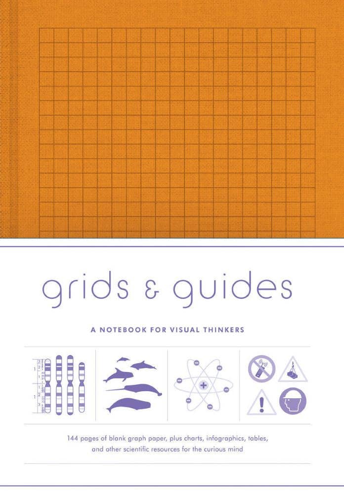 Notebook cover with grid design and text 'grids & guides' on an orange background