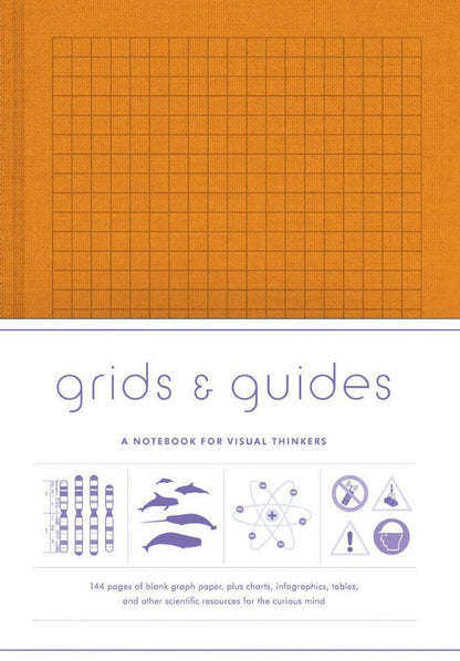Notebook cover with grid design and text 'grids & guides' on an orange background