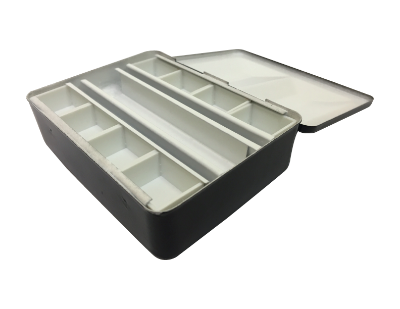 Black and gray tackle box with open lid on a white background