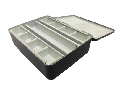 Black and gray tackle box with open lid on a white background