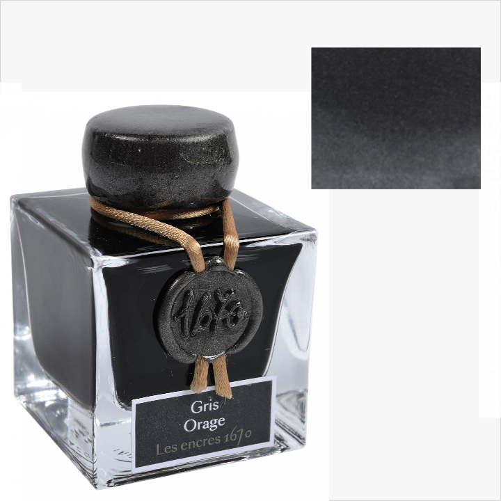 Ink bottle labeled 'Gris Orage' with a close-up of the ink color on a white background