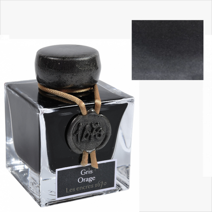 Ink bottle labeled 'Gris Orage' with a close-up of the ink color on a white background