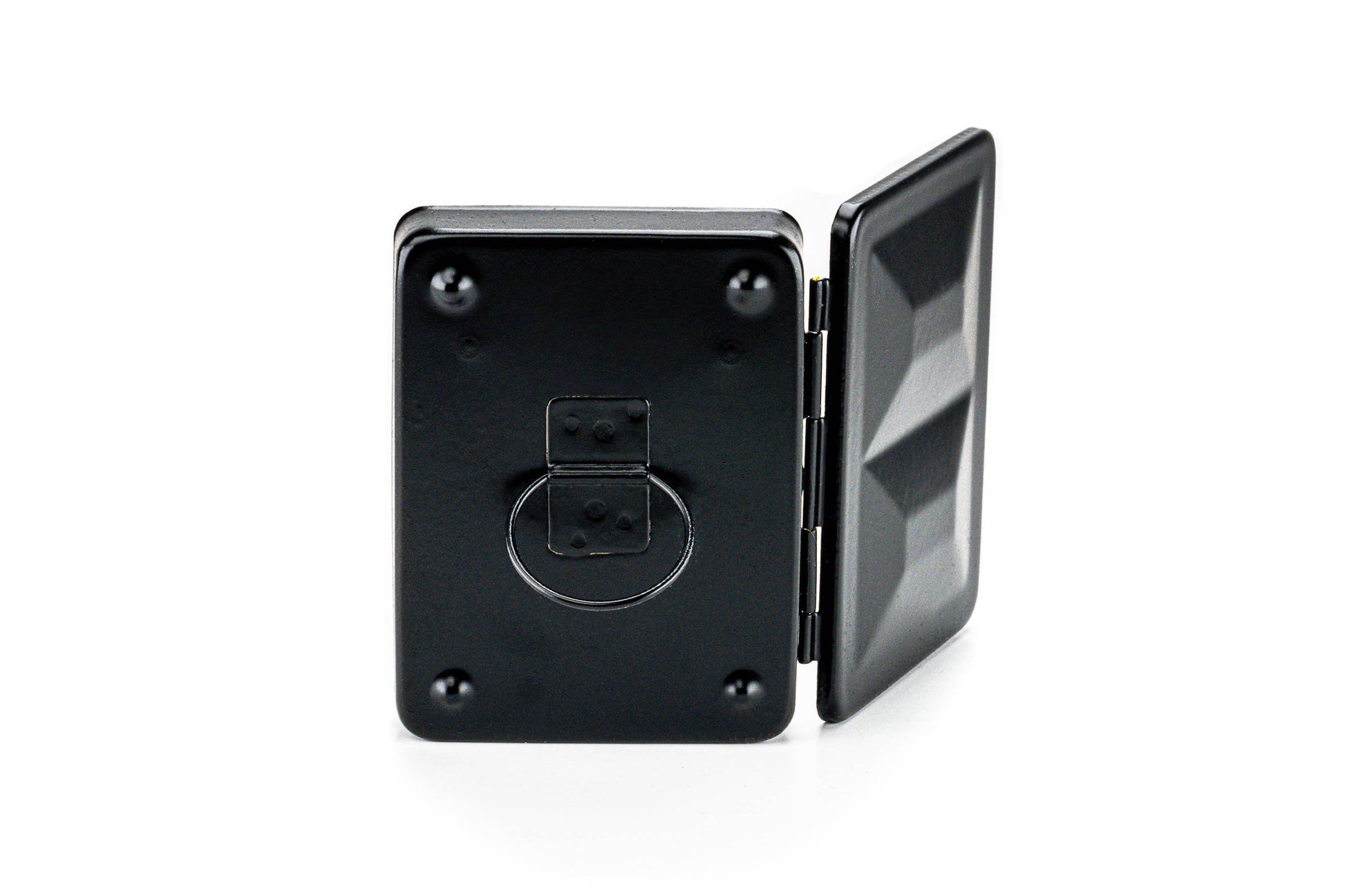 Black metal hinged box with a circular component on a white background