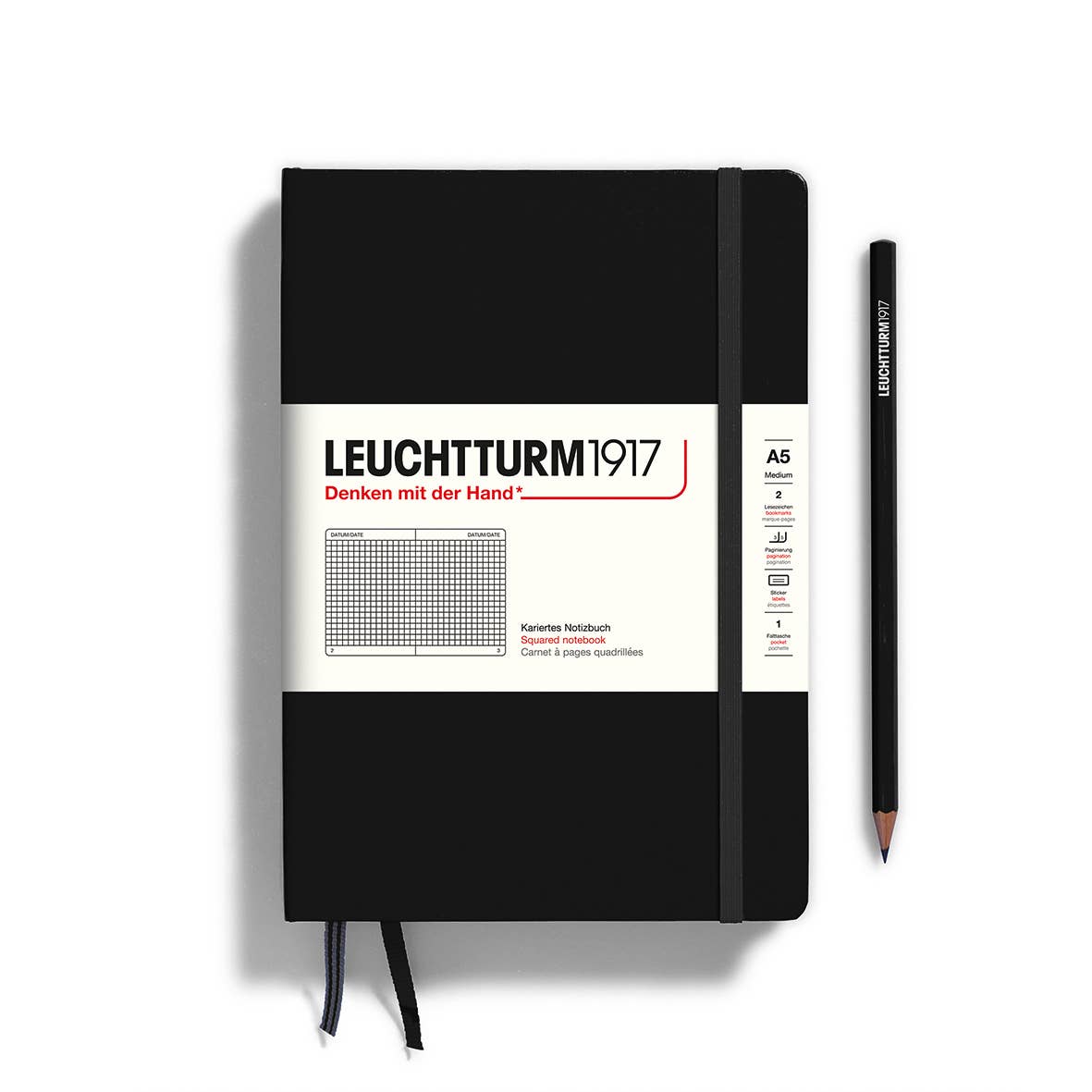 Black notebook with Leuchtturm1917 branding on a white background