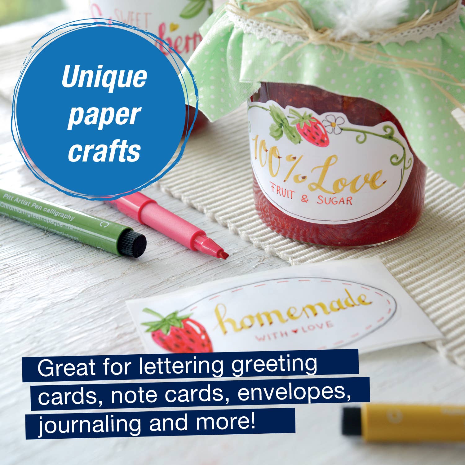Decorative paper bags with labels and markers on a white surface, promoting unique paper crafts.