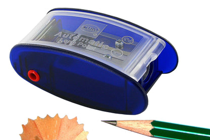 Blue pencil sharpener with a pencil and sharpened lead on a white background