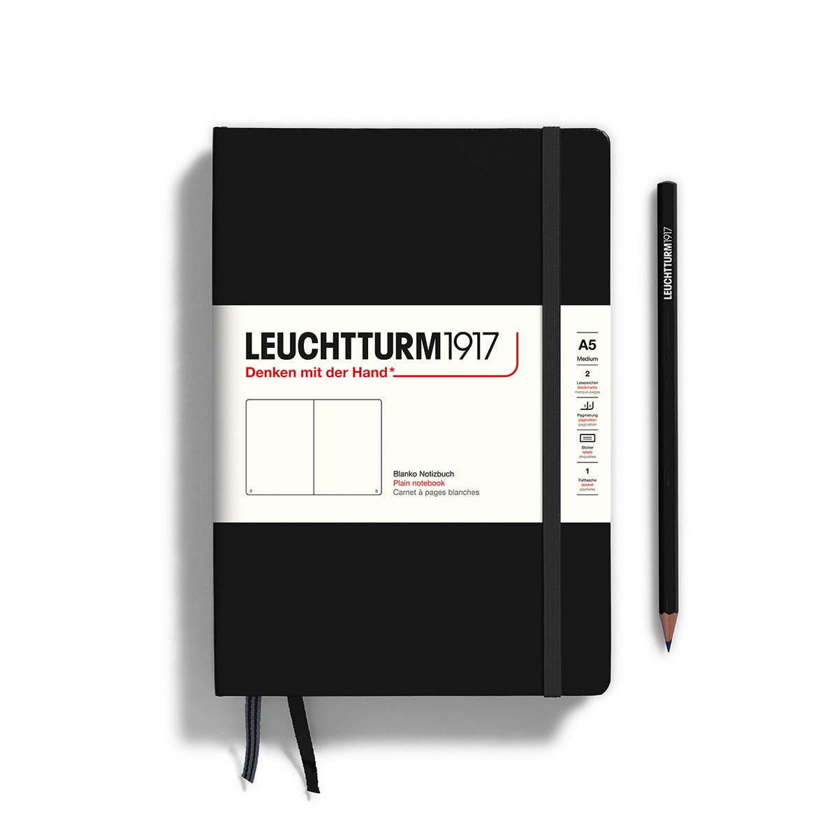 Black notebook with Leuchtturm1917 branding on a white background