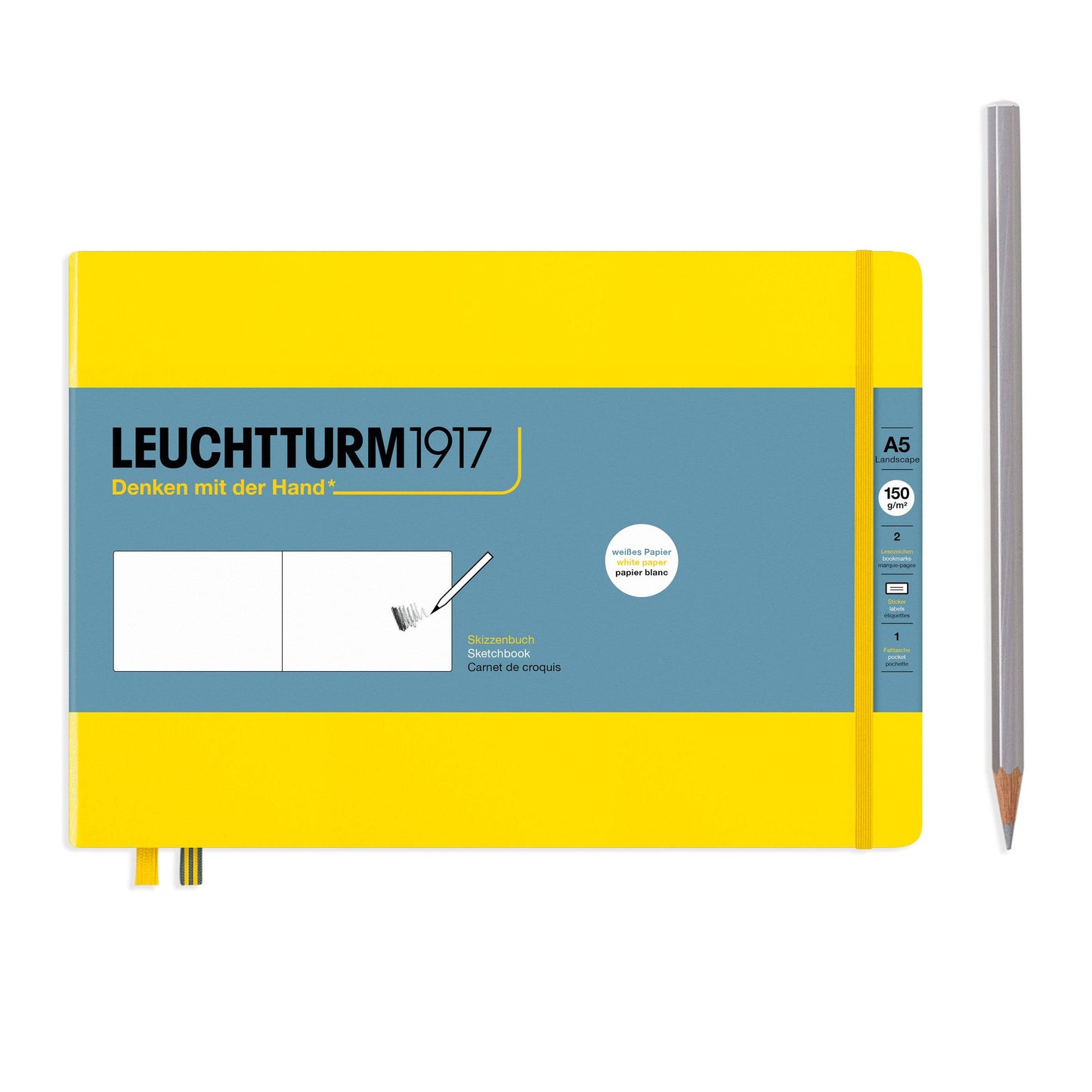 Yellow notebook with blue cover and a pencil on a white background