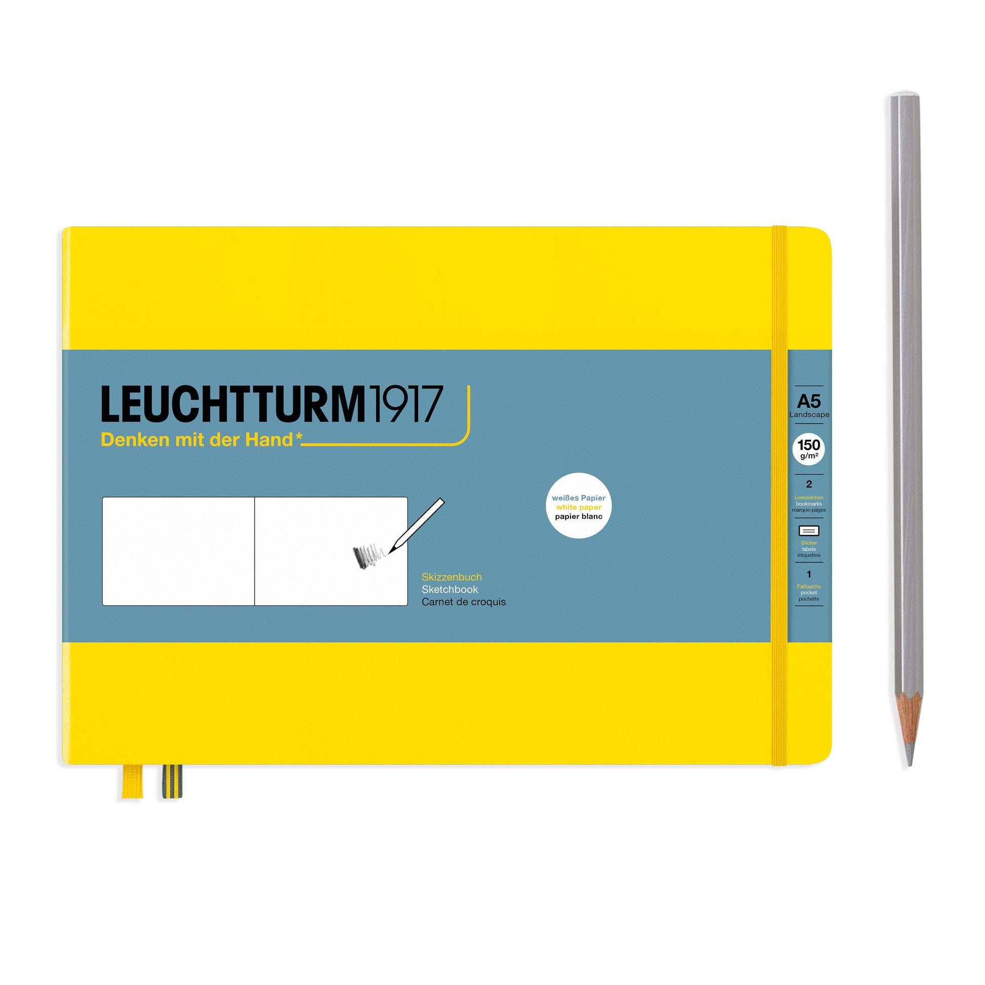 Yellow notebook with blue cover and a pencil on a white background