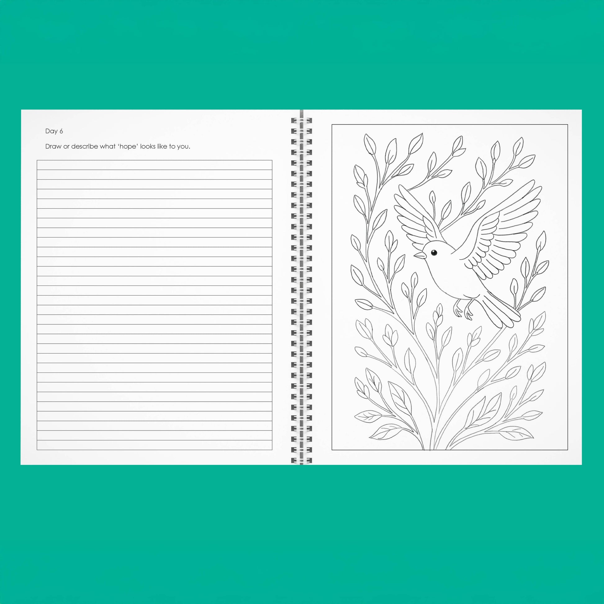 Open notebook with lined pages and a coloring page of a bird on a branch on a teal background