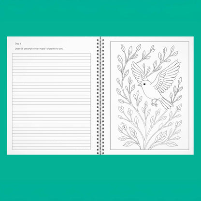 Open notebook with lined pages and a coloring page of a bird on a branch on a teal background