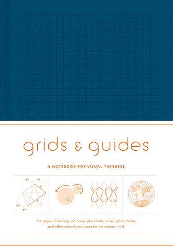 Notebook with grid design on blue cover and white text section.