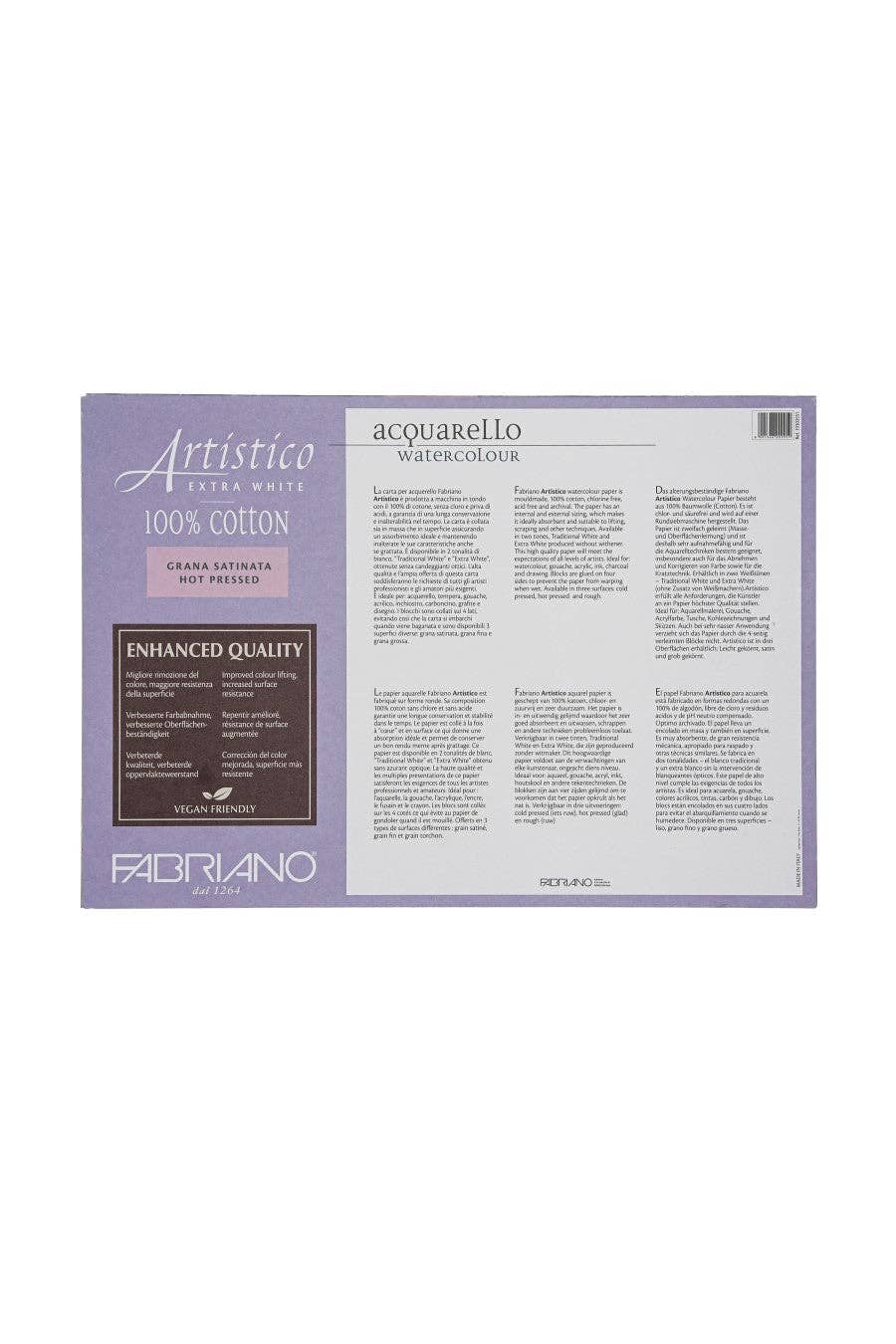Fabriano Artistico watercolor paper packaging with text on a white background