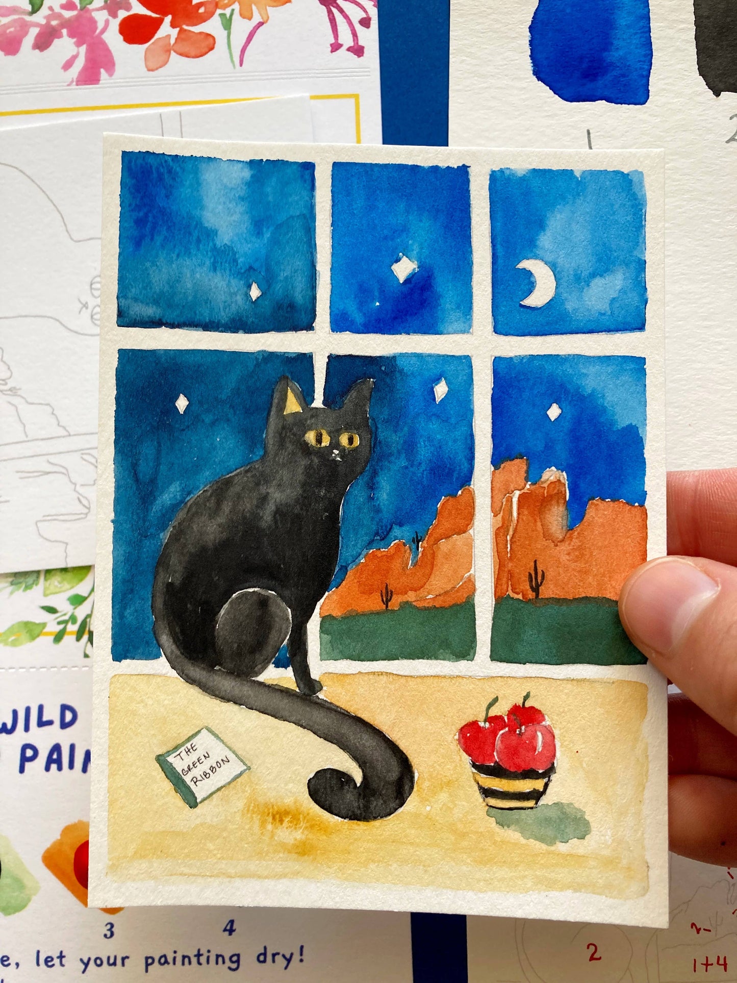 Black Cat Night Winter Watercolor Paint by Number DIY Kit
